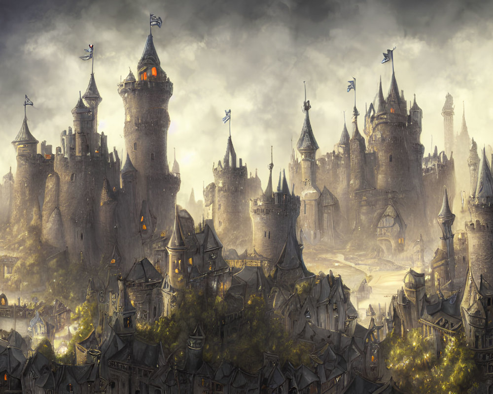 Majestic cityscape with castles, flags, and golden sunlight