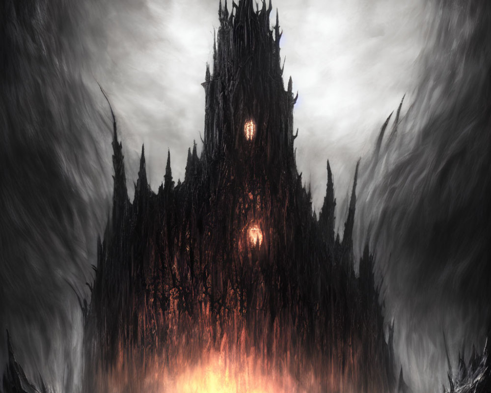 Ominous castle with spires, flames, and solitary figure