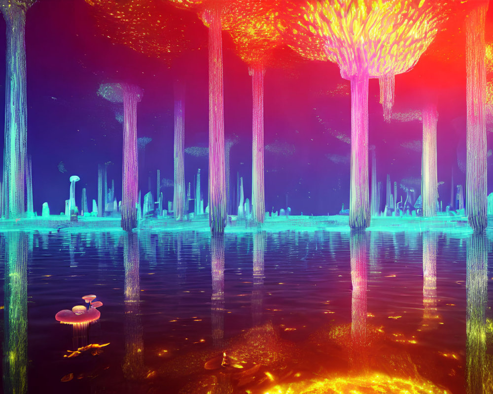 Fantastical underwater scene with luminescent mushrooms and trees