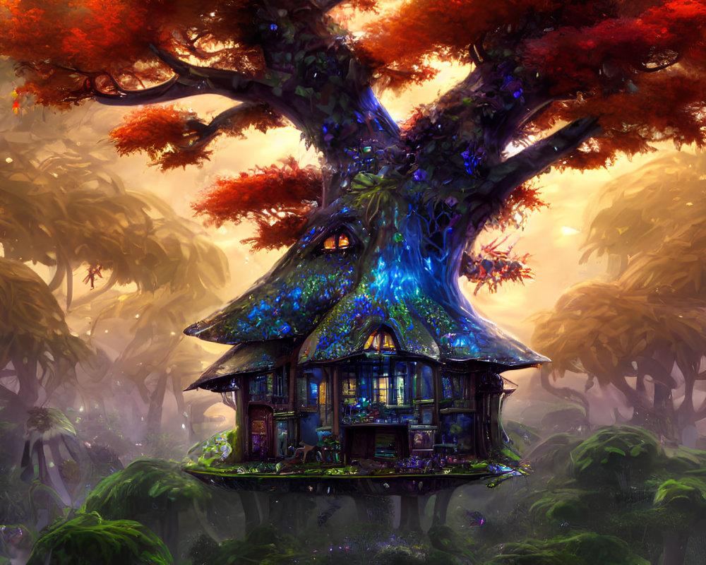 Vibrant Foliage Enchanted Treehouse in Mystical Forest