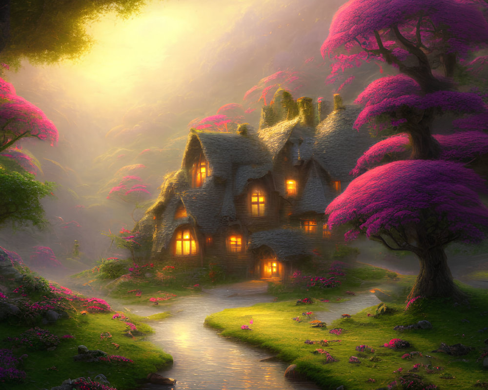 Charming storybook cottage by pink trees at sunset