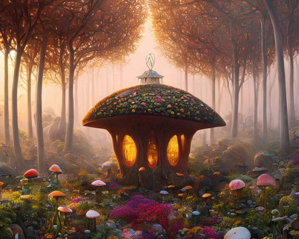 Enchanted forest scene with large mushroom house and colorful flora