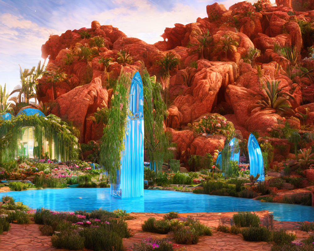 Vibrant blue waterfalls, lush greenery, red rock formations in a fantastical oasis