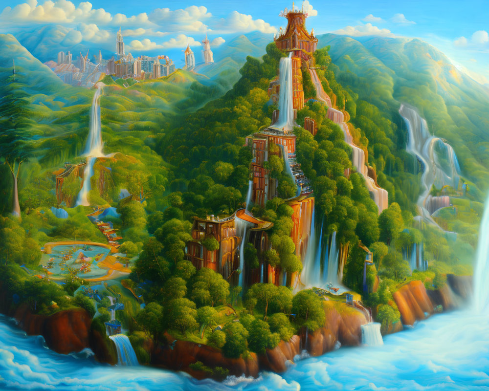 Fantastical landscape with waterfalls, greenery, and city skyline