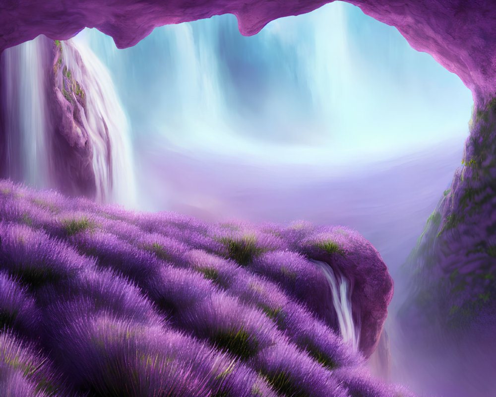 Serene lavender field by cliff with waterfall and mist