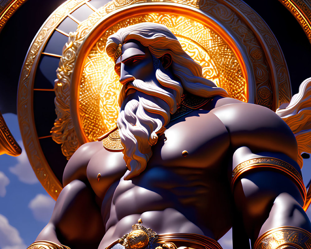 Muscular bearded male in golden armor with golden wheel in 3D render