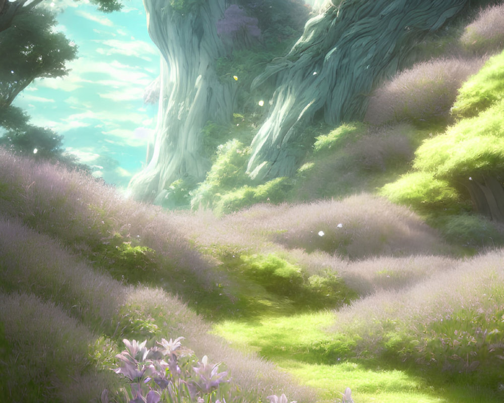 Majestic forest scene with ancient trees, sunbeams, purple flowers, and a resting figure