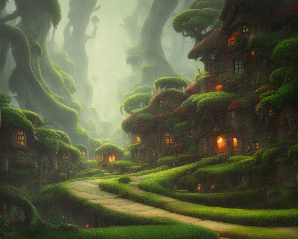 Mystical forest scene with curved pathways and cozy houses nestled among lush greenery