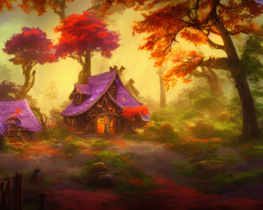 Vibrant autumn forest with whimsical houses at sunset