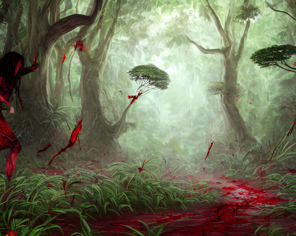 Red-clothed figure in misty forest with splatters of red.