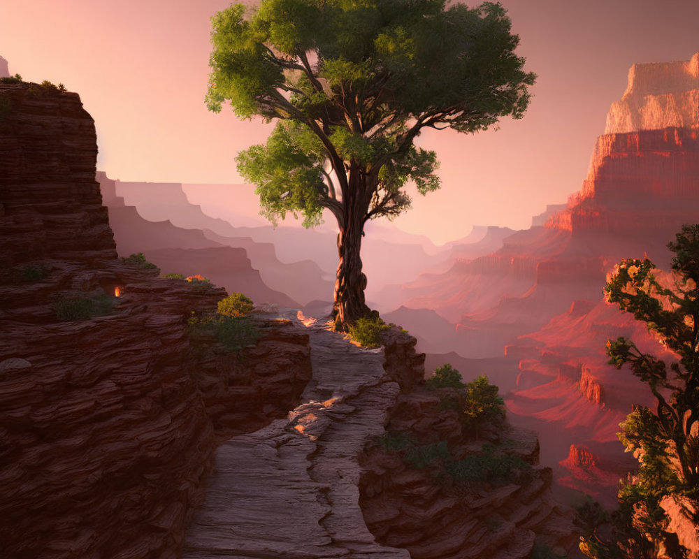 Sunset illuminates lone tree on rocky canyon pathway