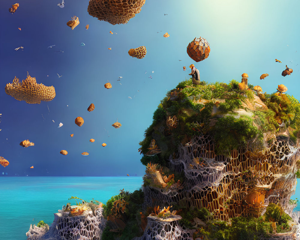 Surreal landscape with floating islands and person on cliff