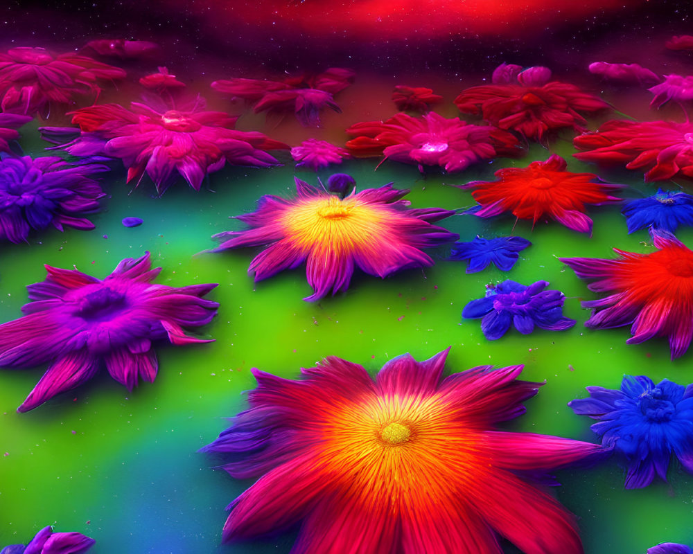 Colorful flowers against cosmic background with stars and nebula