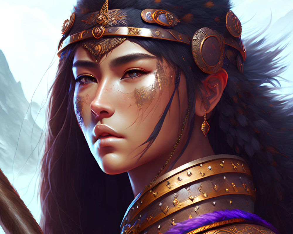 Warrior woman digital artwork with golden headband and intricate facial tattoos