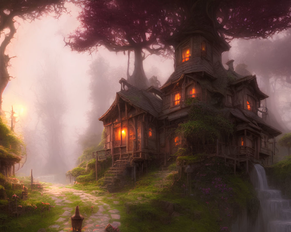 Enchanting multi-story house in foggy forest with glowing windows