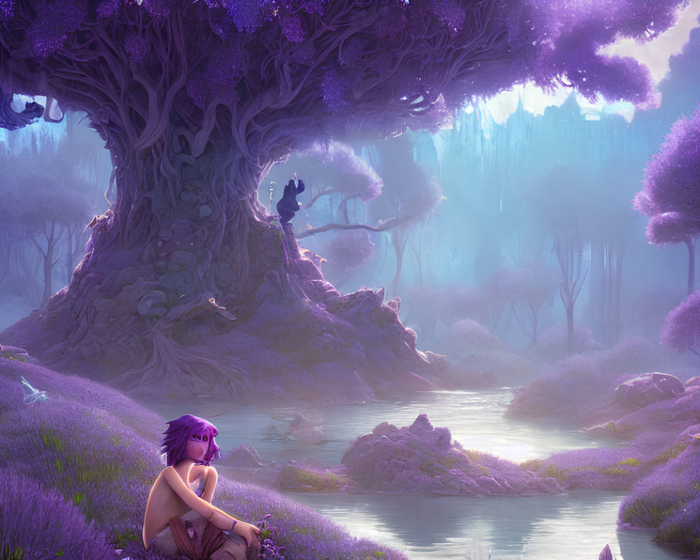 Fantasy landscape with purple tree, mist, and character by stream