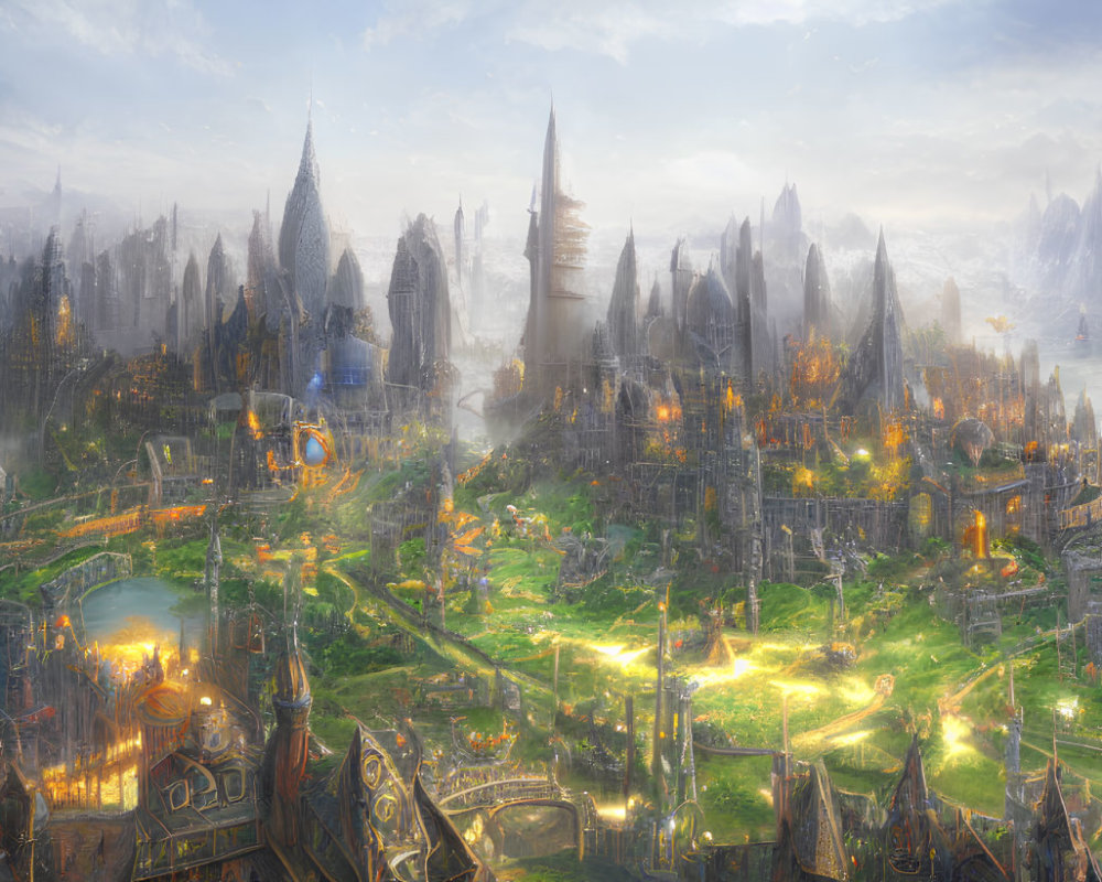 Fantastical cityscape with towering spires and magical light in a mountainous setting