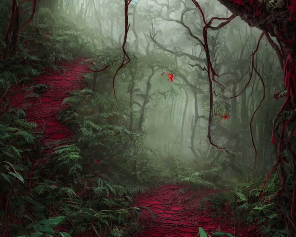 Red Path Through Dense Jungle with Lush Greenery