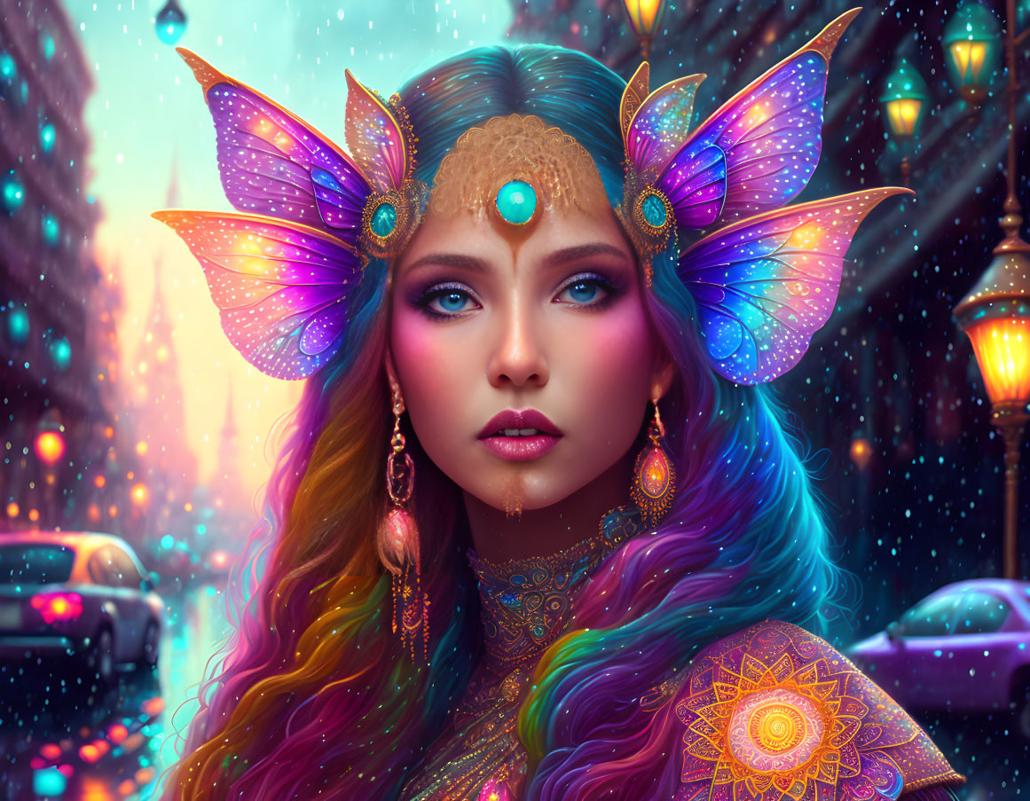 Colorful woman with butterfly wings in magical cityscape