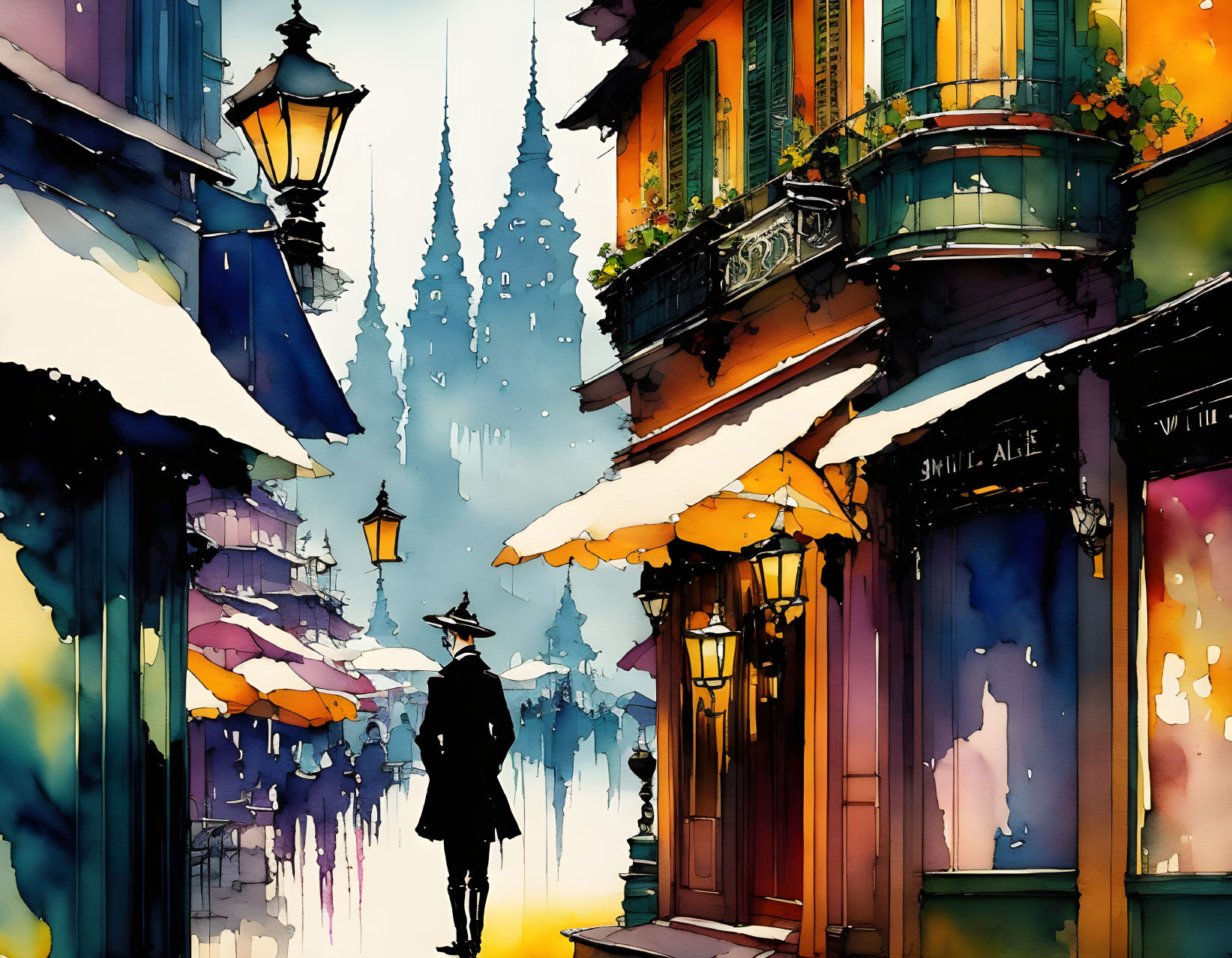Colorful Watercolor Illustration of Person Walking Down Charming Street