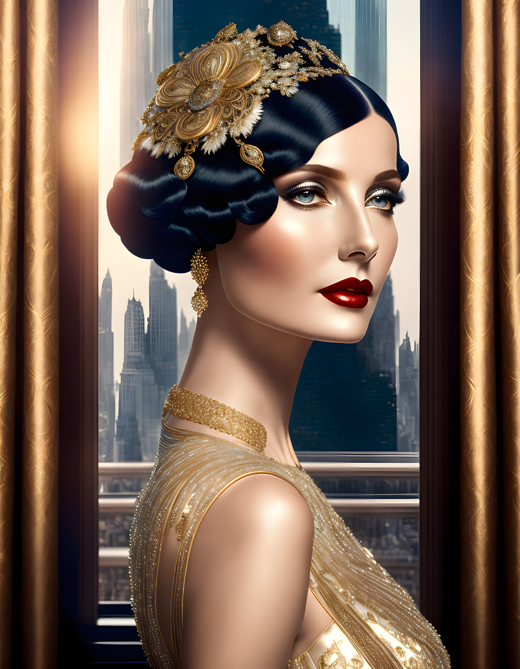 Digital illustration of elegant woman with vintage hairstyle, golden jewelry, red lipstick, and cityscape background