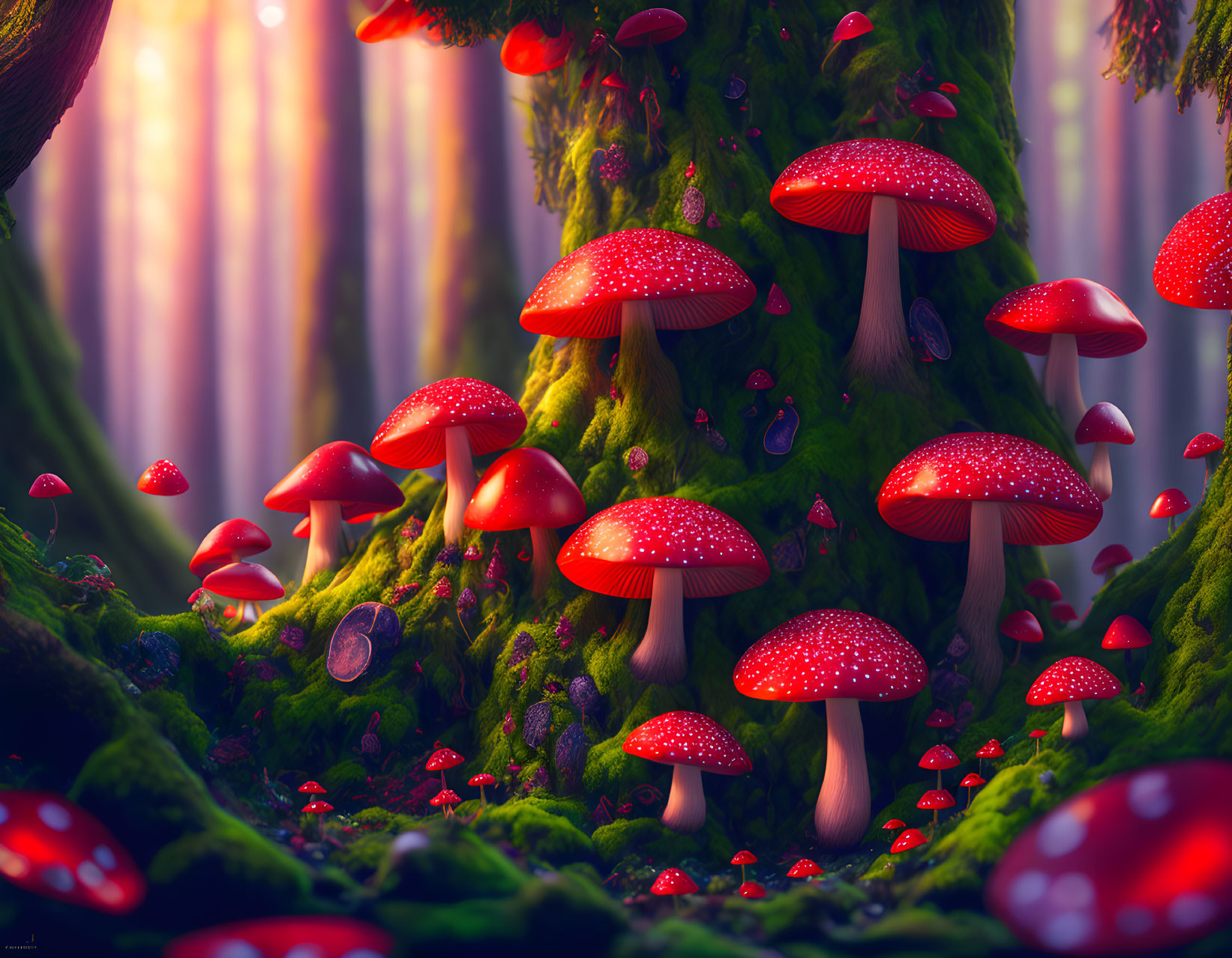 Colorful digital artwork: Mystical forest with red mushrooms and lush greenery