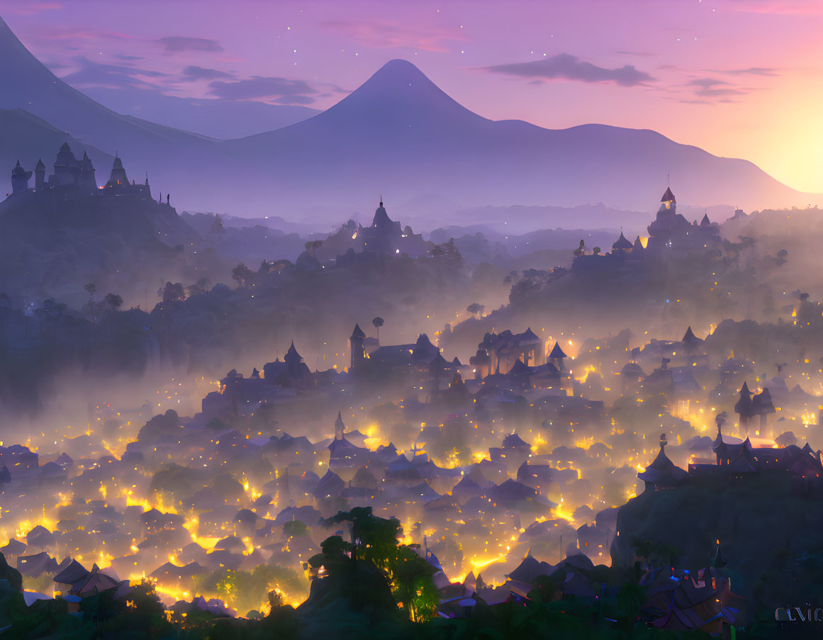 Twilight scene over ancient town with glowing lights and misty mountains