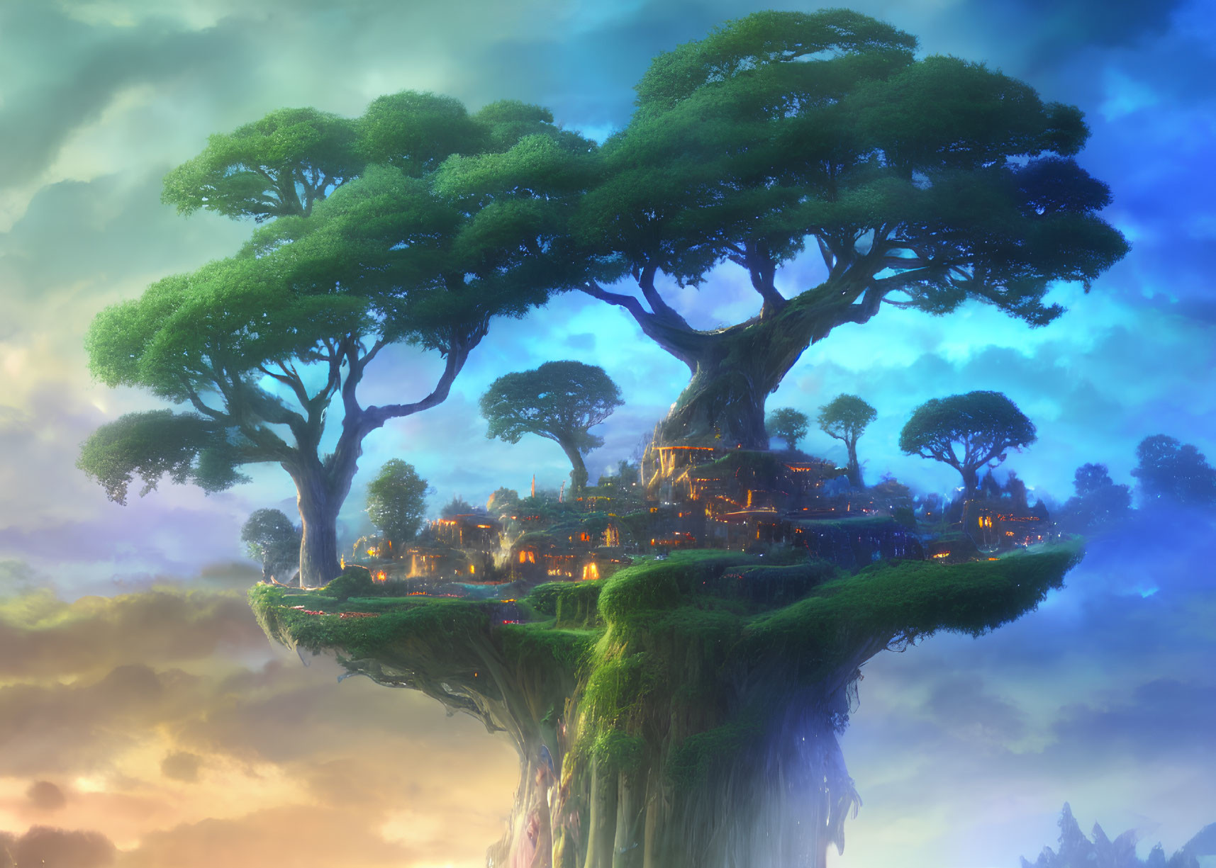 Fantastical floating island with giant tree and village at sunset