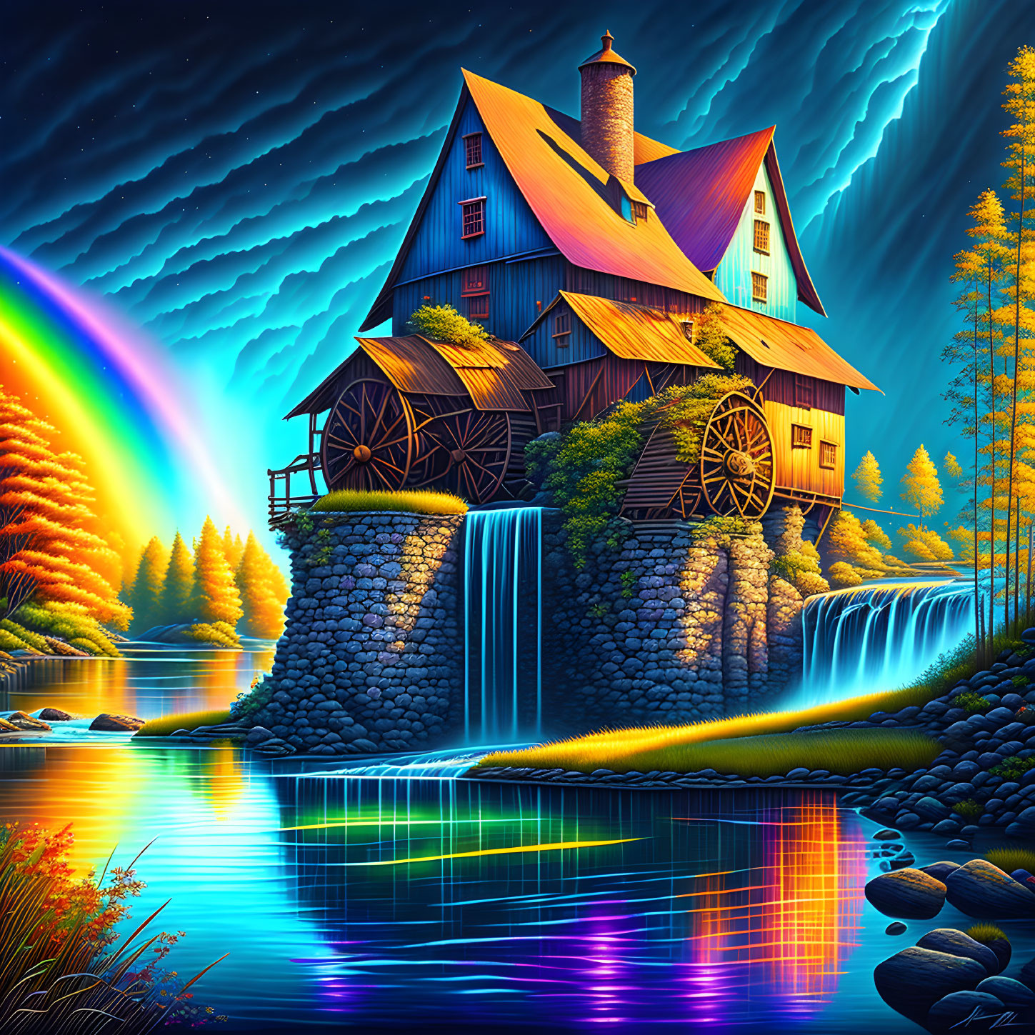 Fantastical digital art: watermill house, waterfall, night sky, rainbow