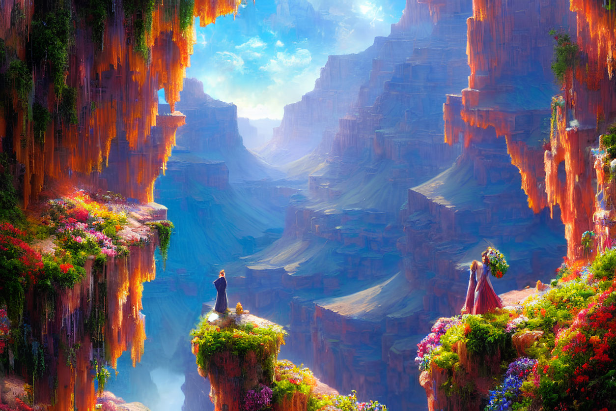 Fantastical canyon digital art with towering cliffs and figures on ledges