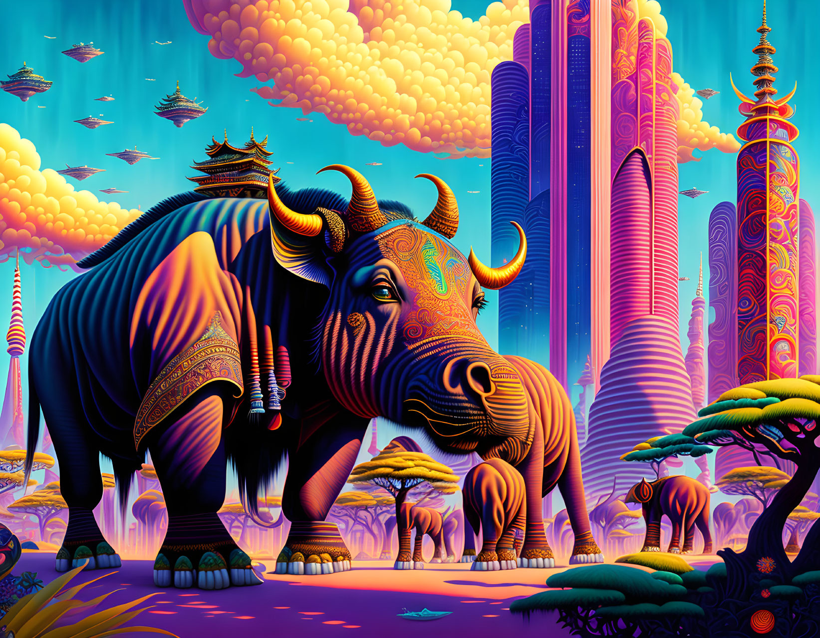 Colorful digital artwork: Majestic bull in futuristic Asian landscape