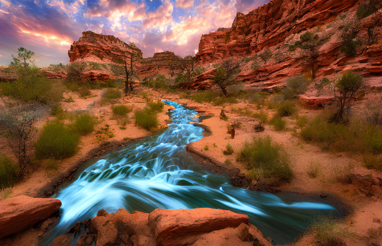 Colorful desert landscape with blue river, red cliffs, and sparse vegetation at sunset