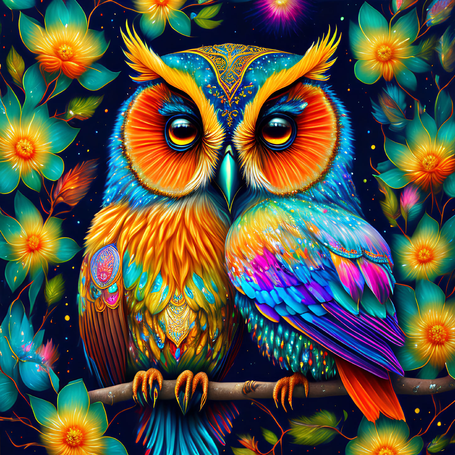 Colorful Owl Illustration on Branch with Luminous Flowers and Dark Blue Foliage