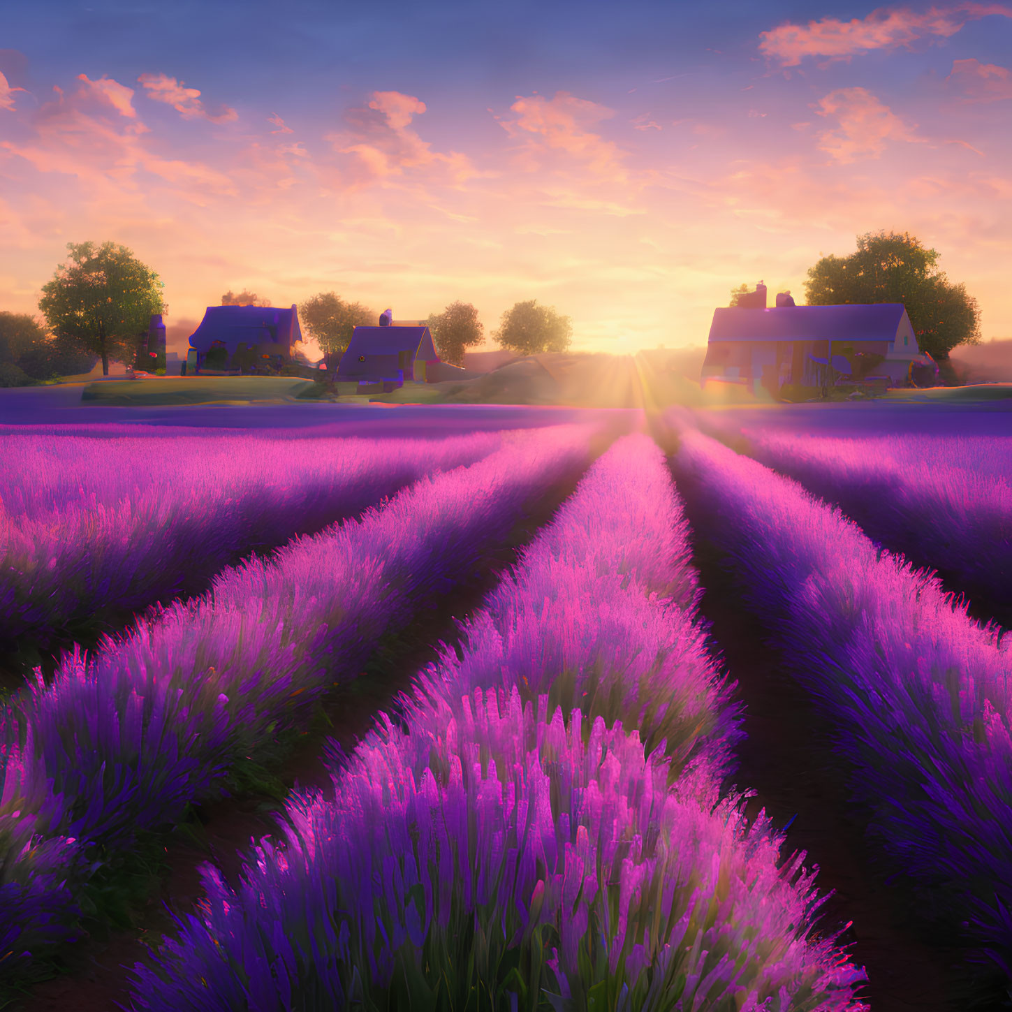 Lavender Field Sunset Scene with Rows of Houses under Vibrant Sky