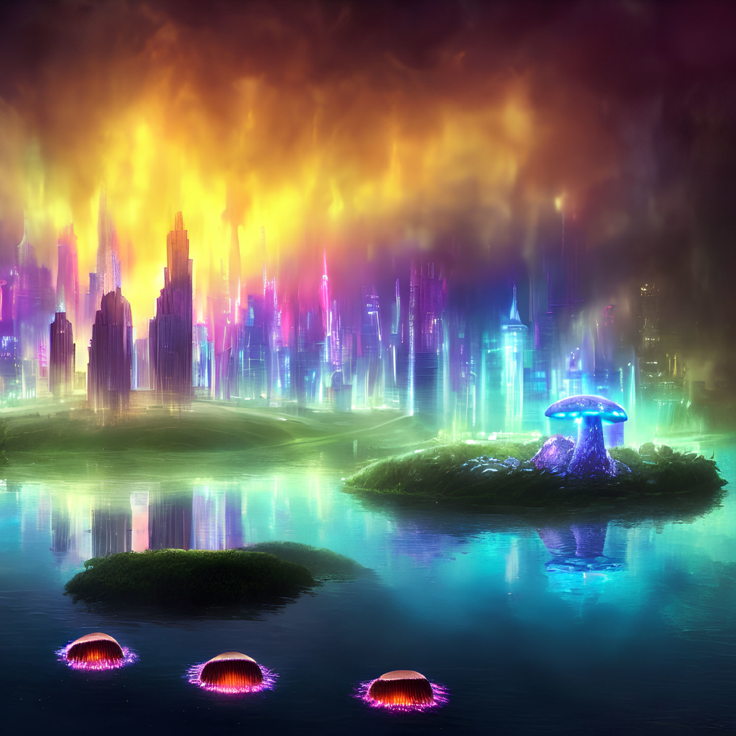 Vibrant neon-lit futuristic cityscape with glowing river & illuminated mushrooms