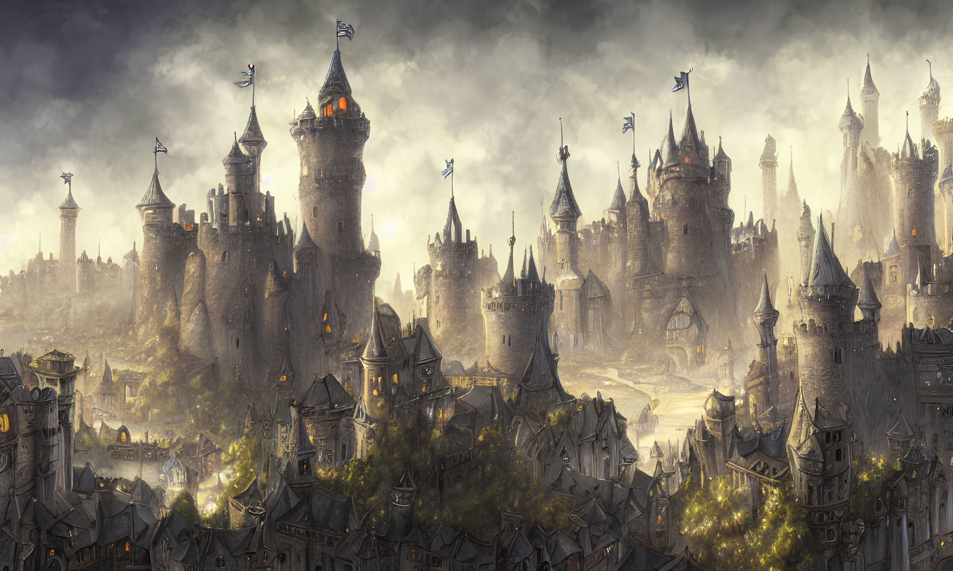 Majestic cityscape with castles, flags, and golden sunlight