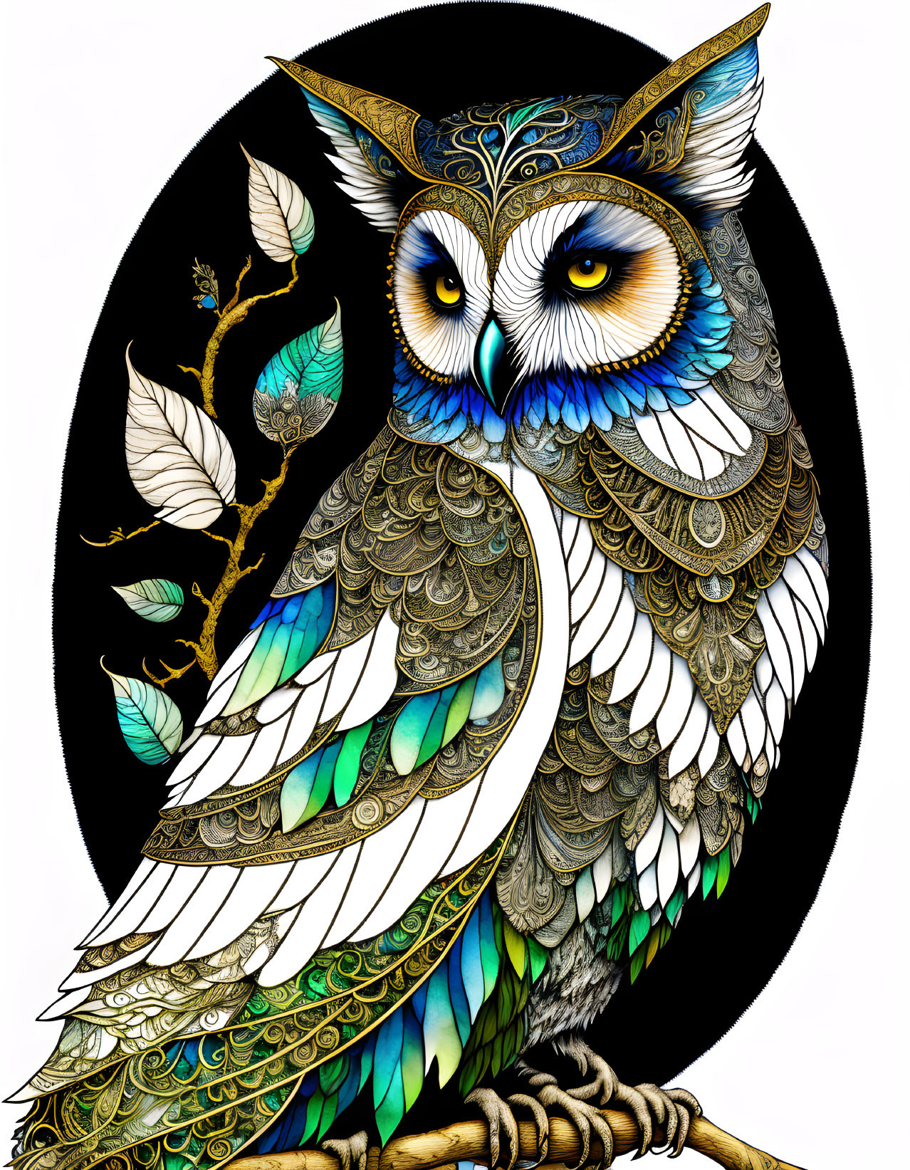 Intricately patterned owl illustration: vivid blue eyes, gold, green, white plumage