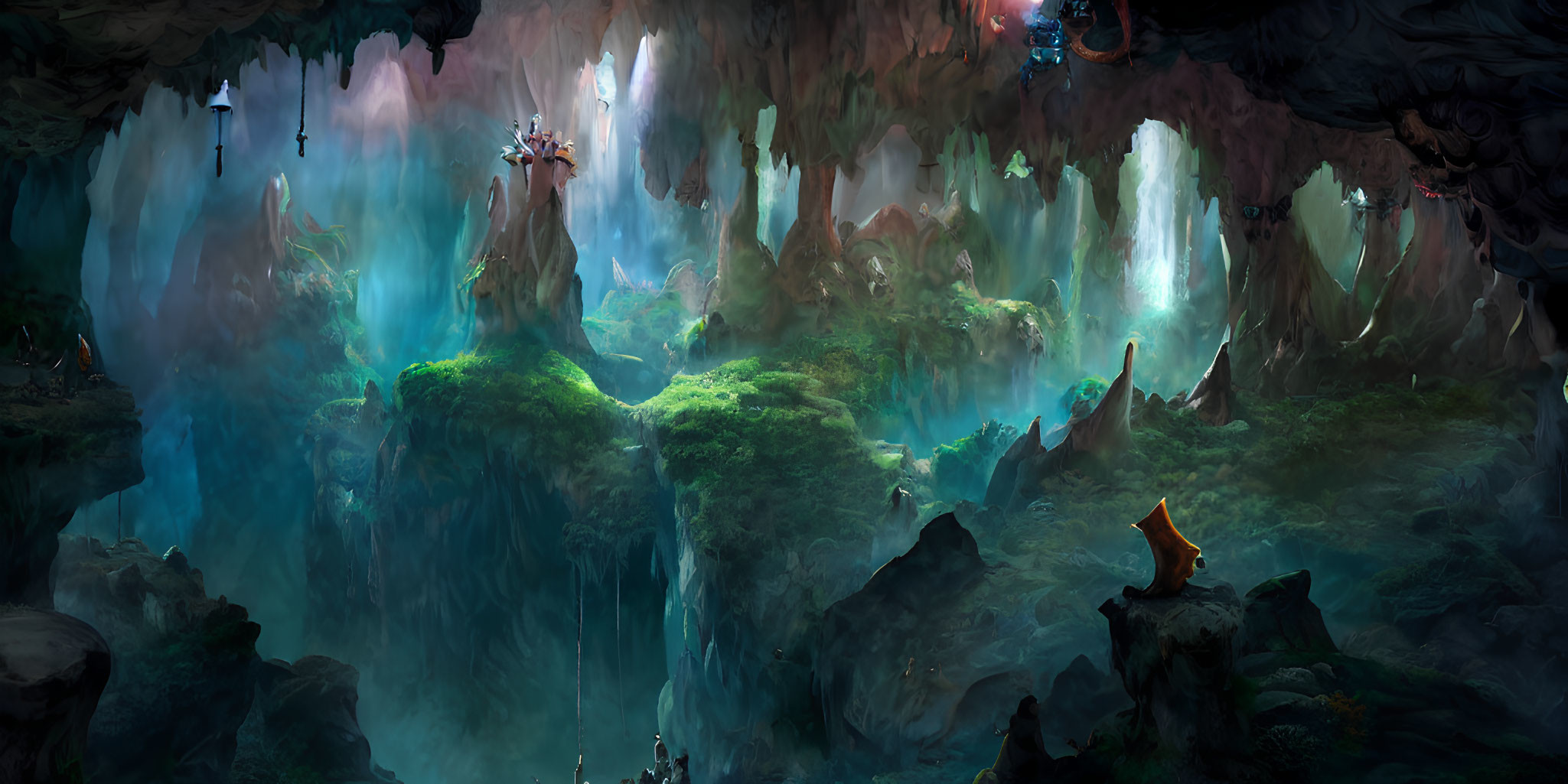 Enchanting underground cavern with waterfalls, glowing plants, mist, and solitary figure