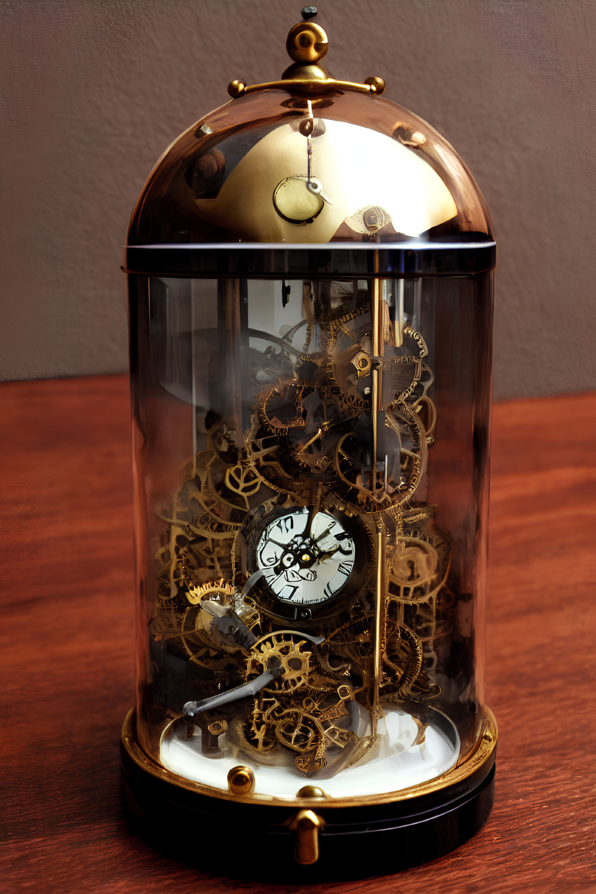 Mechanical Clock with Brass Accents and Visible Gears in Glass Dome