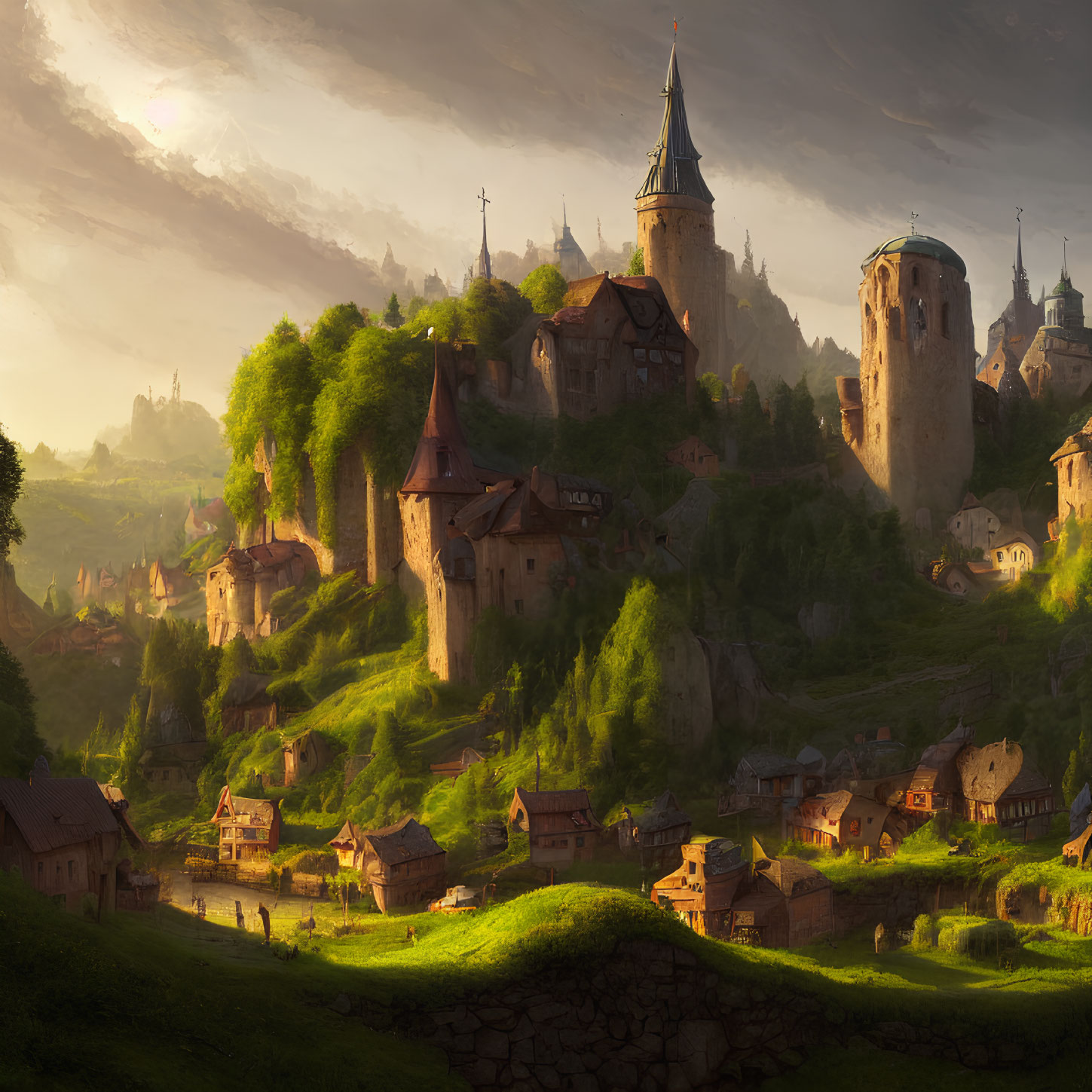 Tranquil fantasy village with rustic houses and castles in lush greenery