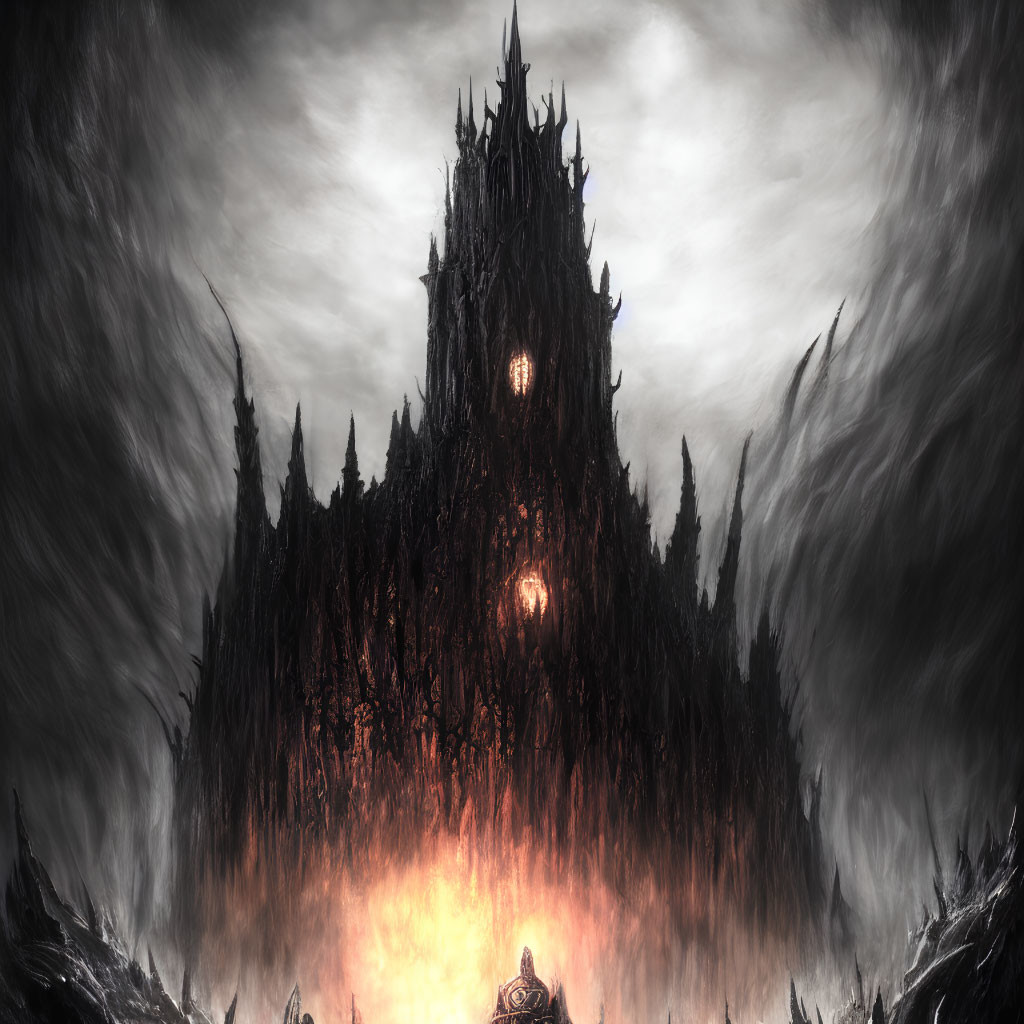 Ominous castle with spires, flames, and solitary figure