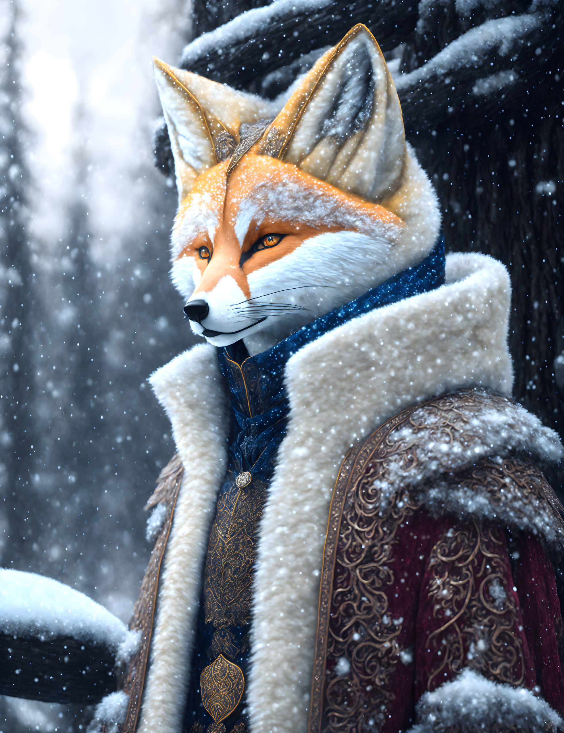 Regal anthropomorphic fox in snowy landscape