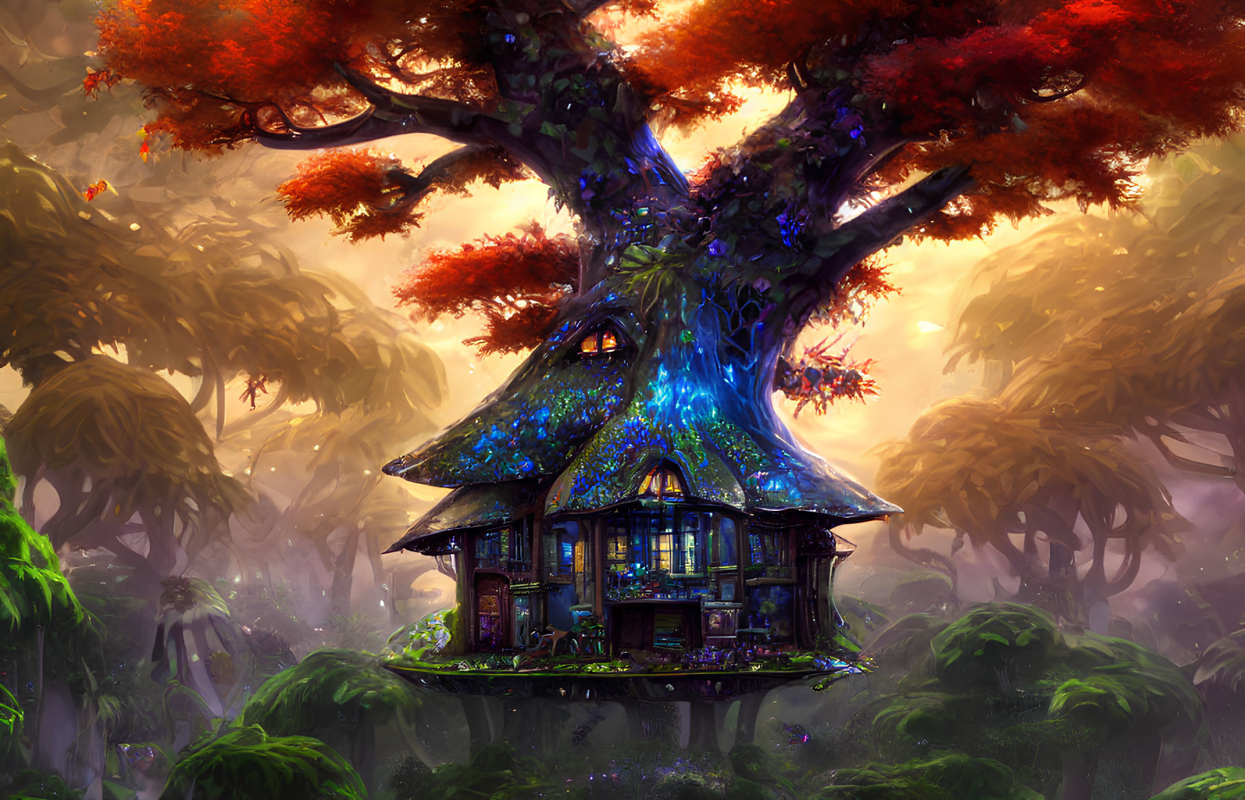 Vibrant Foliage Enchanted Treehouse in Mystical Forest