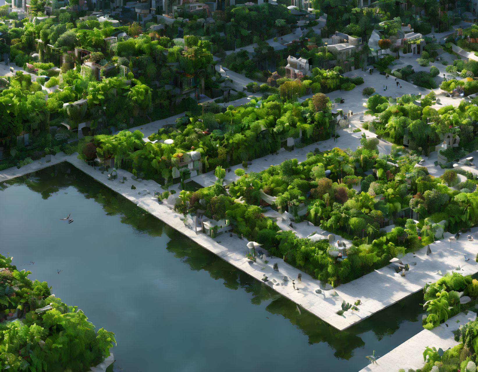 Tranquil aerial view of lush urban park with lake, walking paths, and diverse trees