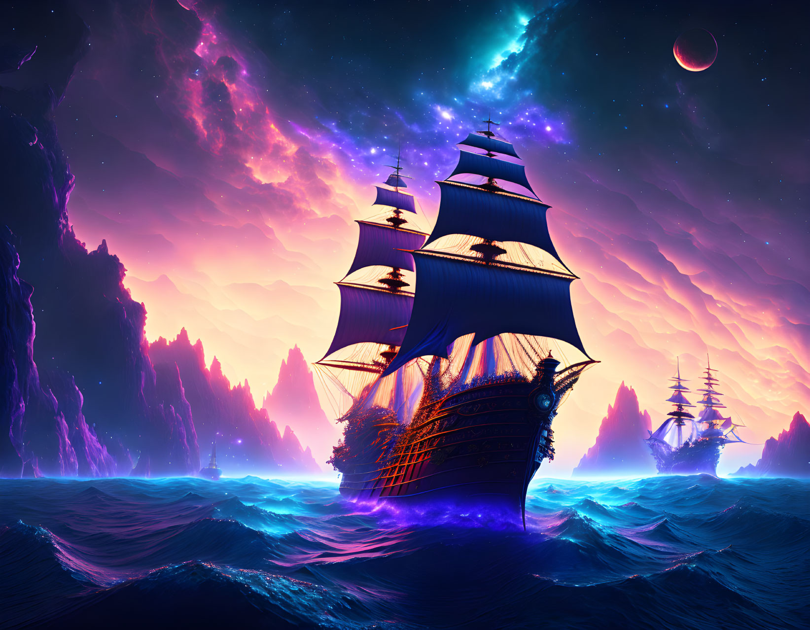 Colorful digital artwork: sailing ships on neon waves in cosmic setting