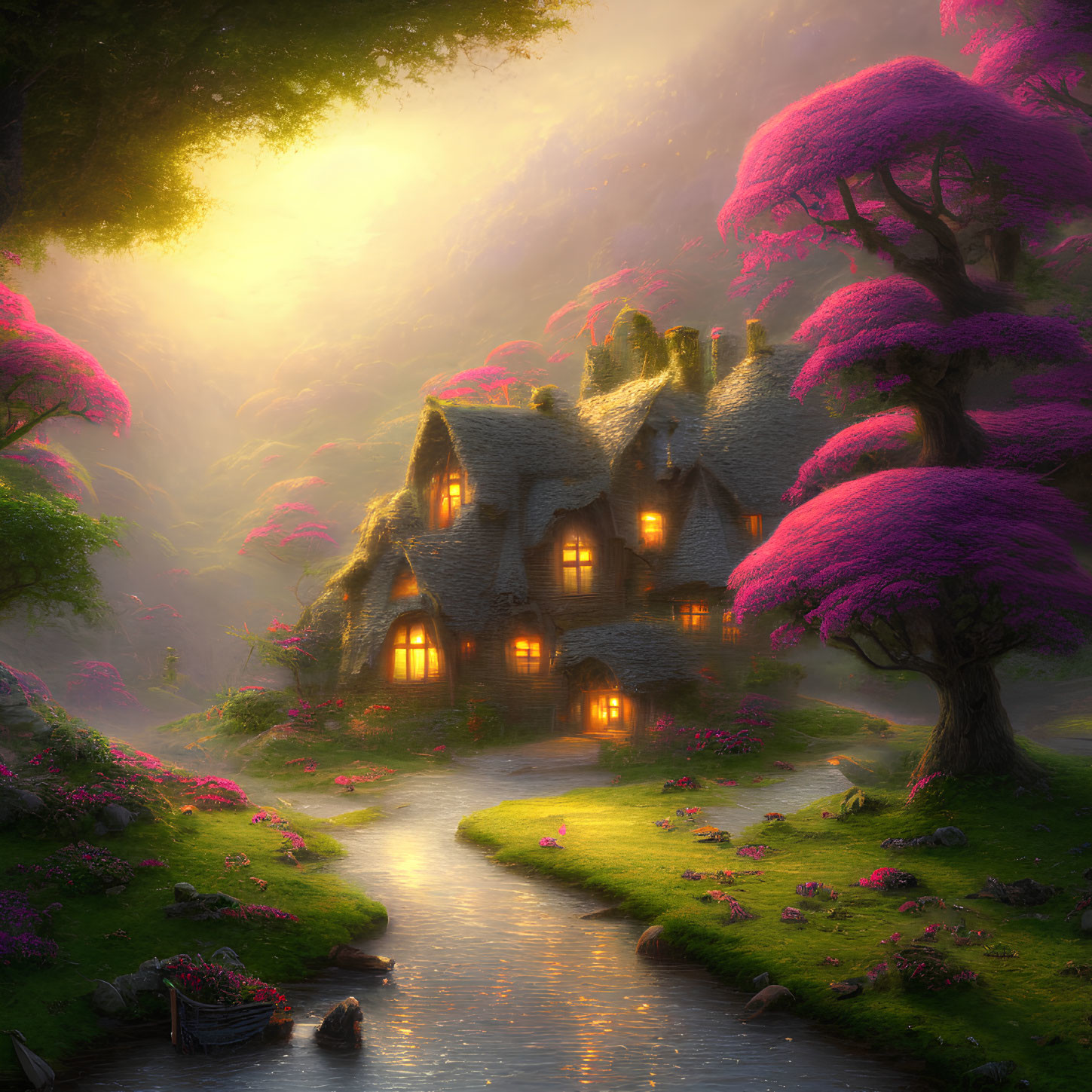 Charming storybook cottage by pink trees at sunset