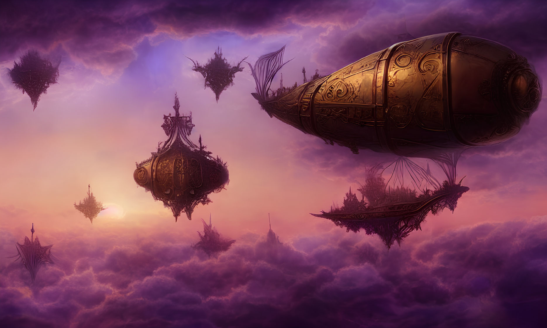 Ornate airships in purple sunset haze