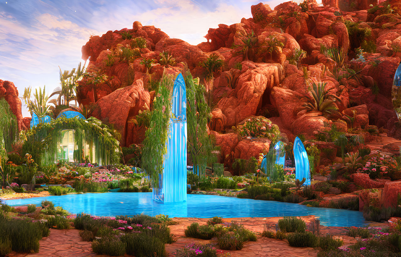 Vibrant blue waterfalls, lush greenery, red rock formations in a fantastical oasis