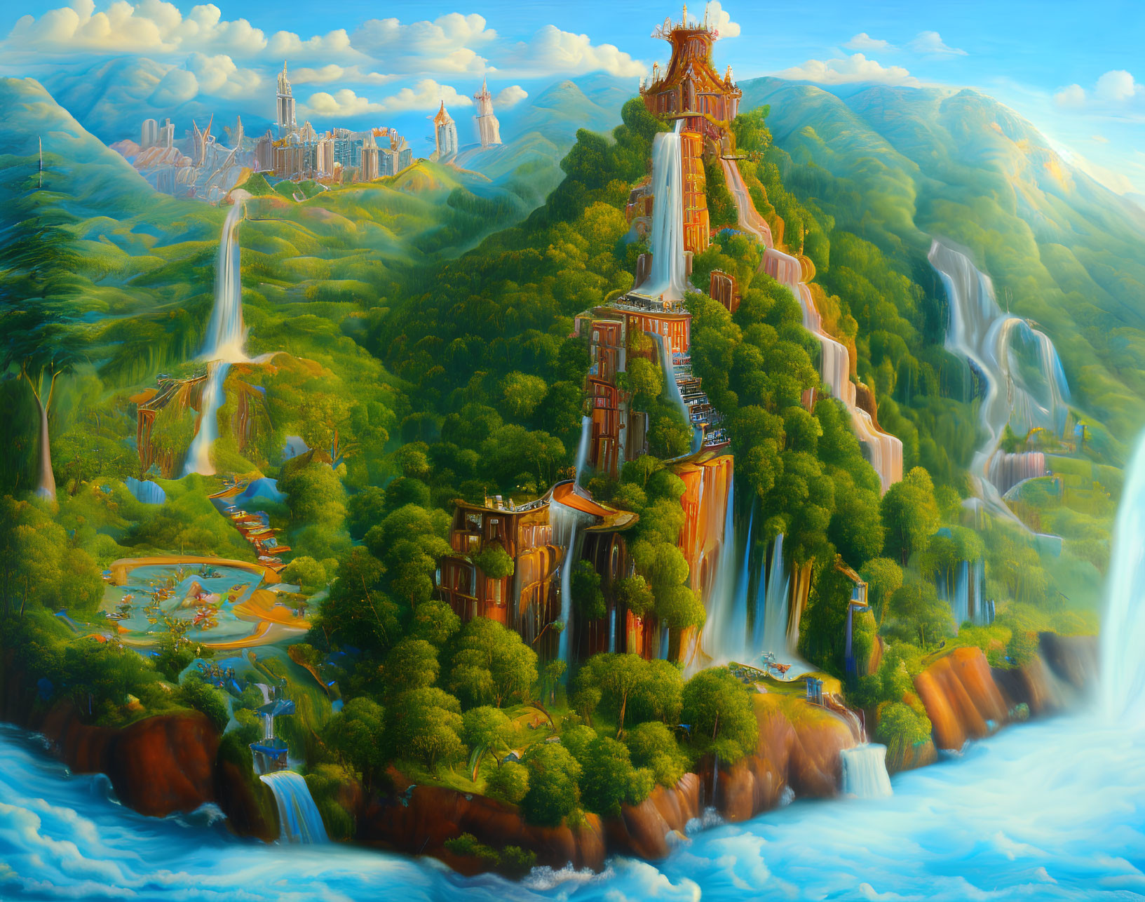 Fantastical landscape with waterfalls, greenery, and city skyline