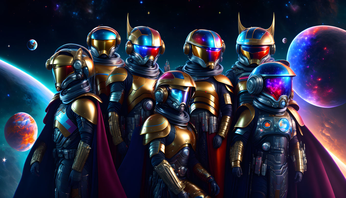 Five futuristic armored warriors in cosmic setting